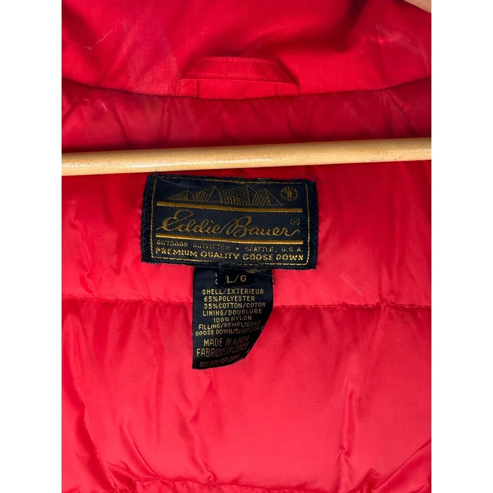 Eddie Bauer Goose Down Parka Large Red Poly Cotton Vintage Hooded Puffer Coat
